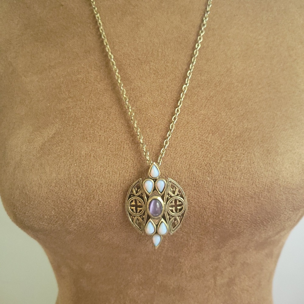 Vintage Miracle Celtic Pendant Necklace Gold Tone Faux Opal Amethyst 24"